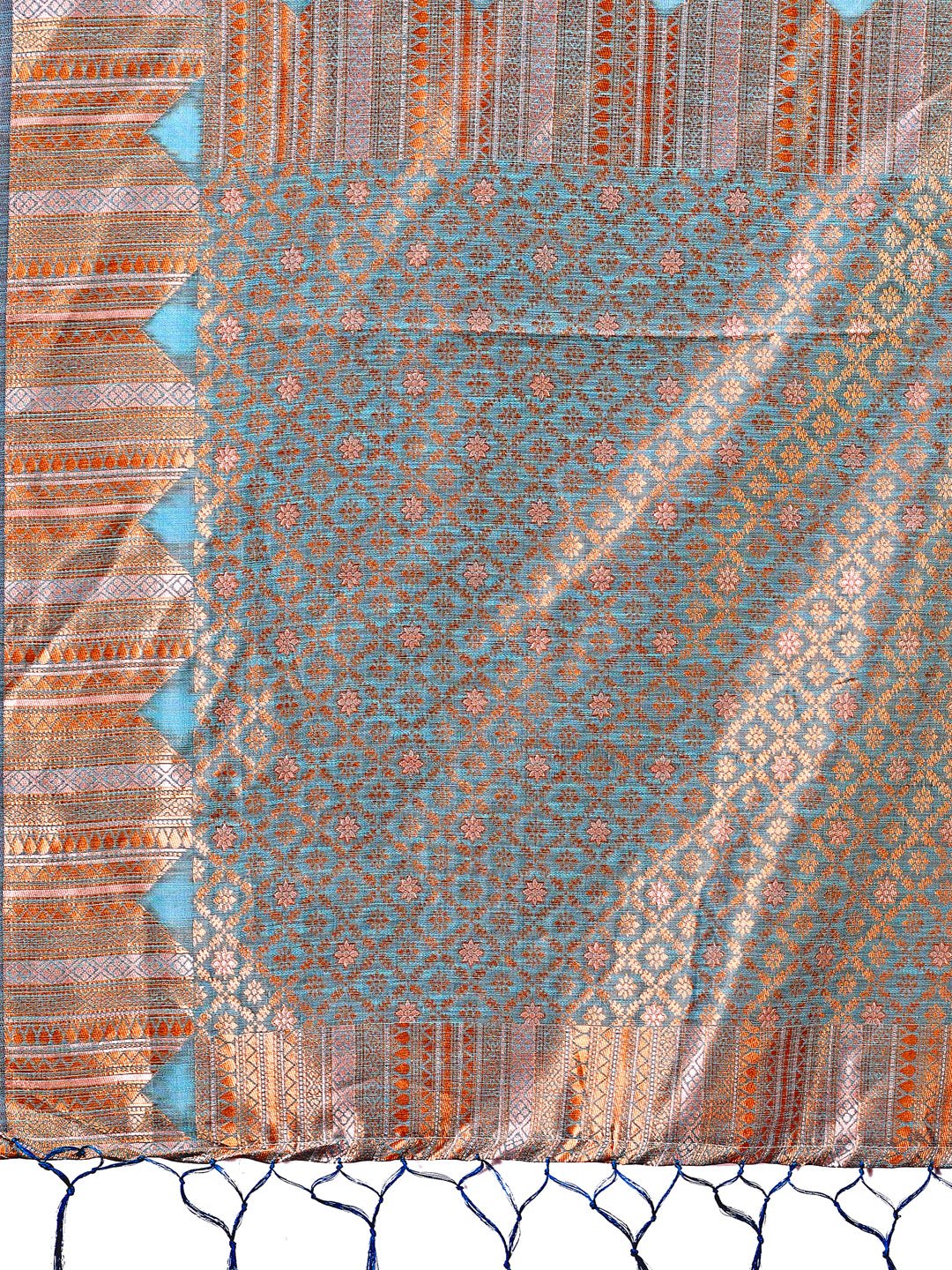 Shree Shyam Fashion Teal Blue Linen Cotton Saree with Woven Geometric Zari Motifs - Elegant Festive Wear for Women