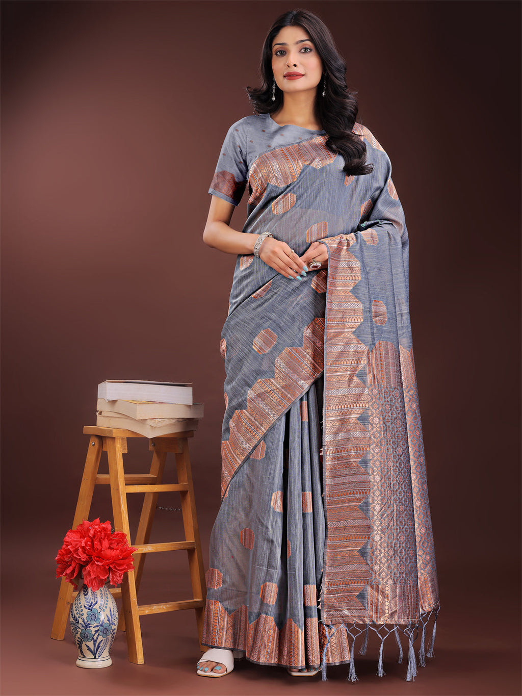 Shree Shyam Fashion Grey Linen Cotton Saree with Woven Geometric Zari Motifs - Elegant Festive Wear for Women