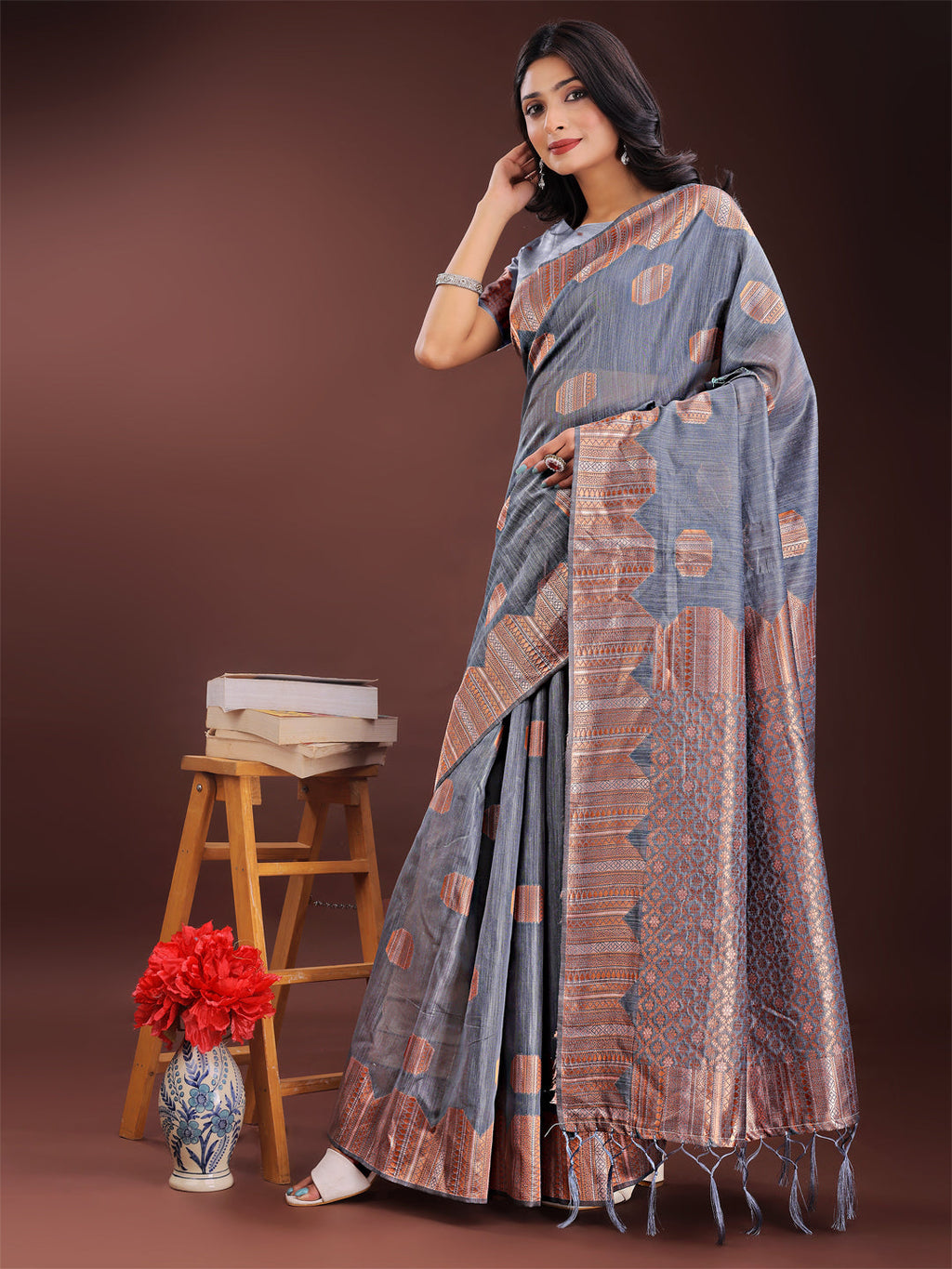 Shree Shyam Fashion Grey Linen Cotton Saree with Woven Geometric Zari Motifs - Elegant Festive Wear for Women