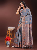 Shree Shyam Fashion Grey Linen Cotton Saree with Woven Geometric Zari Motifs - Elegant Festive Wear for Women