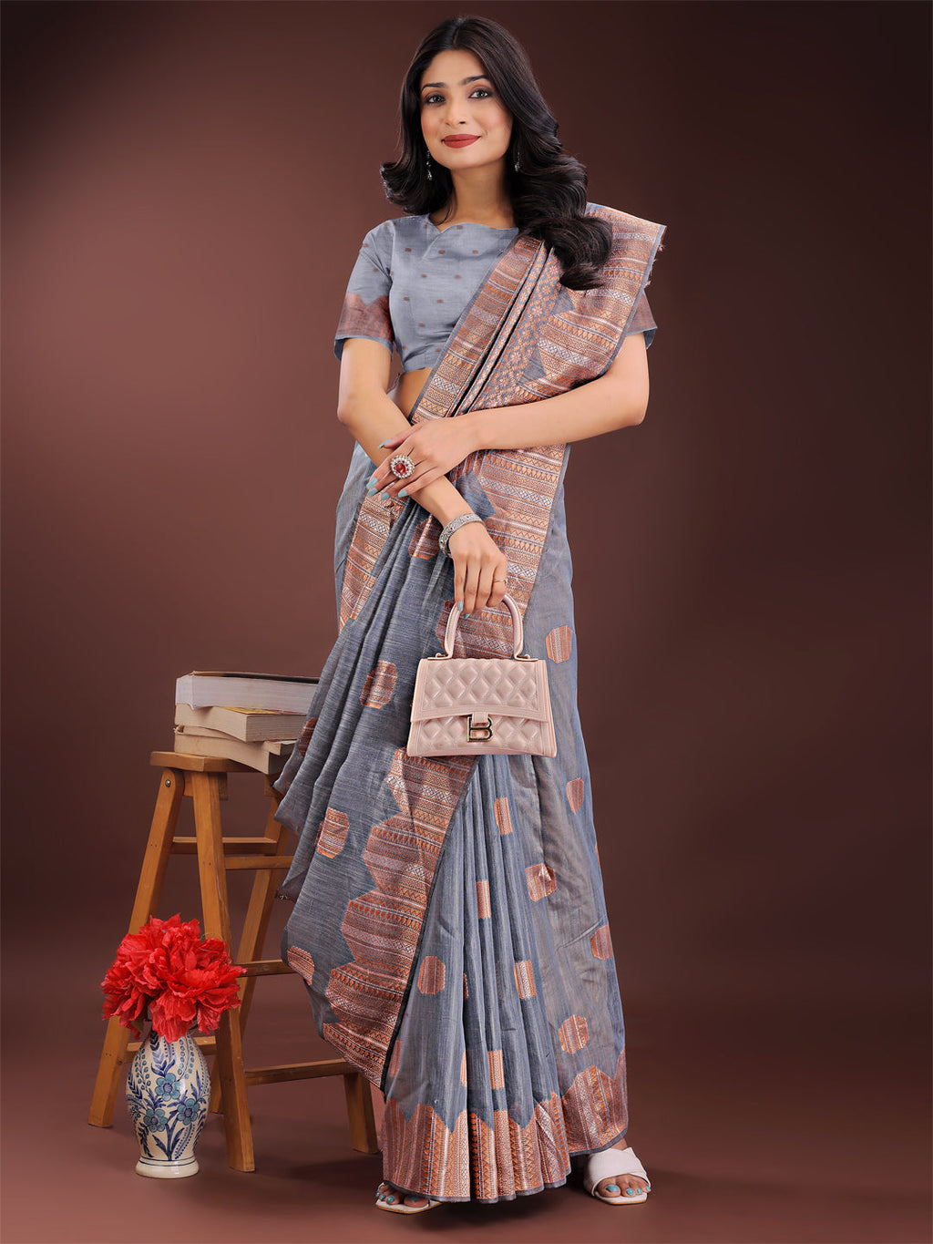 Shree Shyam Fashion Grey Linen Cotton Saree with Woven Geometric Zari Motifs - Elegant Festive Wear for Women