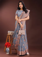 Shree Shyam Fashion Grey Linen Cotton Saree with Woven Geometric Zari Motifs - Elegant Festive Wear for Women