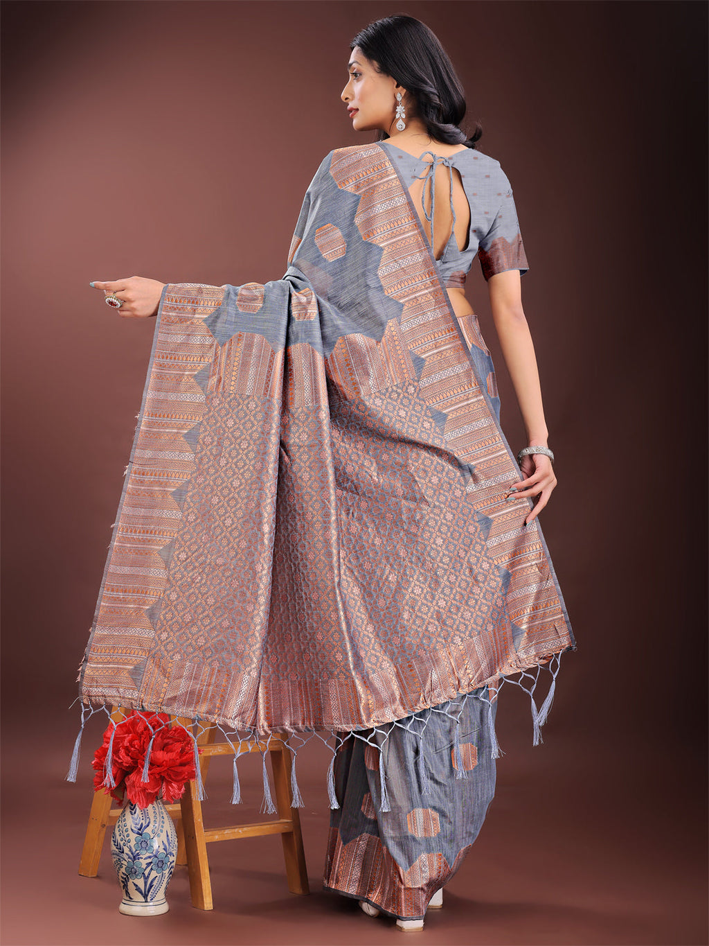 Shree Shyam Fashion Grey Linen Cotton Saree with Woven Geometric Zari Motifs - Elegant Festive Wear for Women