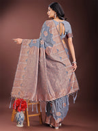 Shree Shyam Fashion Grey Linen Cotton Saree with Woven Geometric Zari Motifs - Elegant Festive Wear for Women