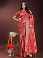 Shree Shyam Fashion Red Linen Cotton Saree with Woven Geometric Zari Motifs - Elegant Festive Wear for Women