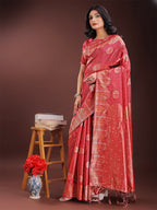 Shree Shyam Fashion Red Linen Cotton Saree with Woven Geometric Zari Motifs - Elegant Festive Wear for Women
