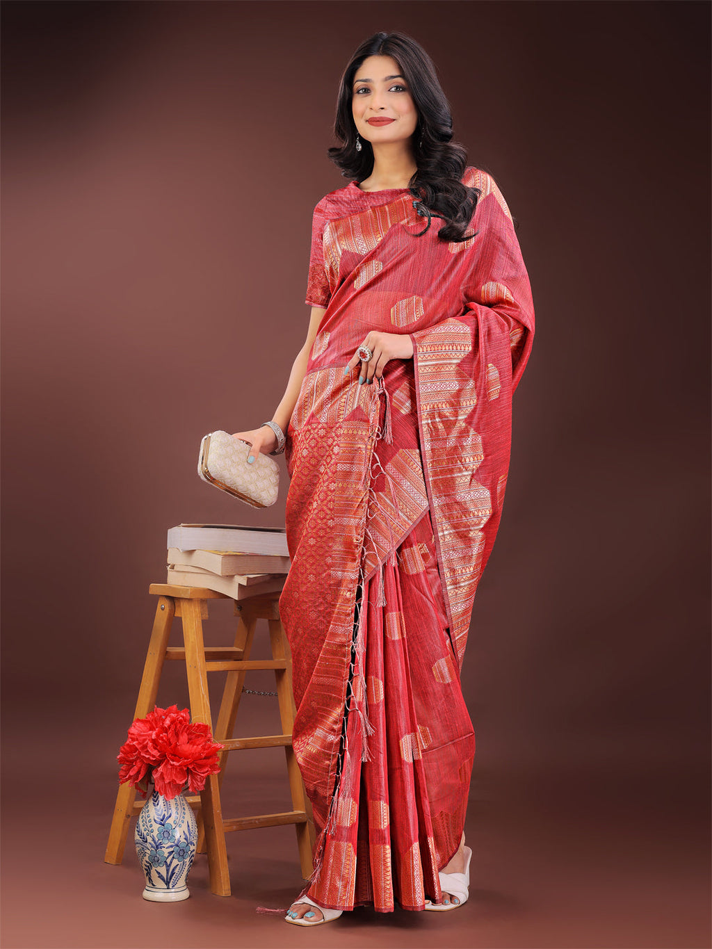 Shree Shyam Fashion Red Linen Cotton Saree with Woven Geometric Zari Motifs - Elegant Festive Wear for Women