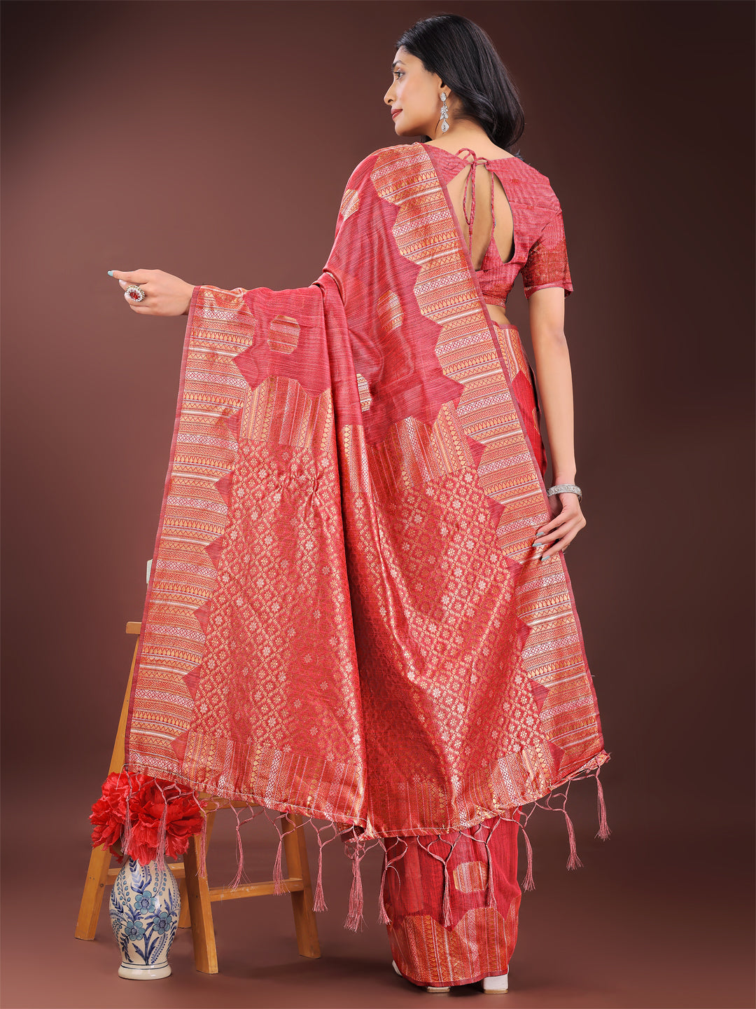 Shree Shyam Fashion Red Linen Cotton Saree with Woven Geometric Zari Motifs - Elegant Festive Wear for Women