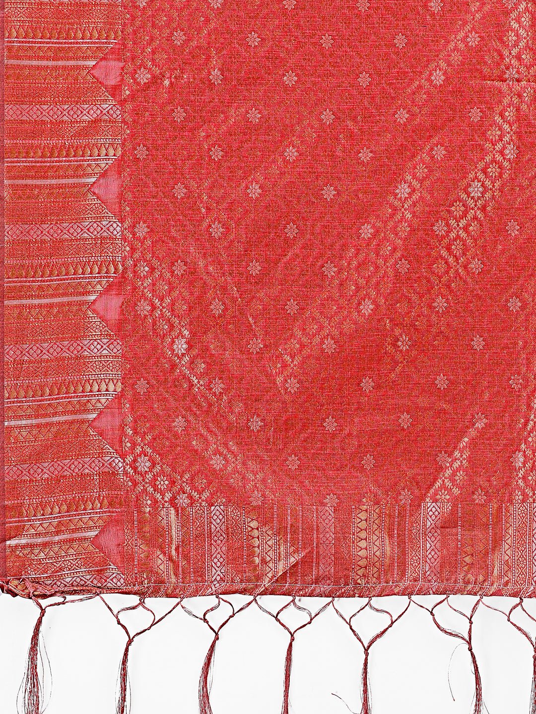 Shree Shyam Fashion Red Linen Cotton Saree with Woven Geometric Zari Motifs - Elegant Festive Wear for Women