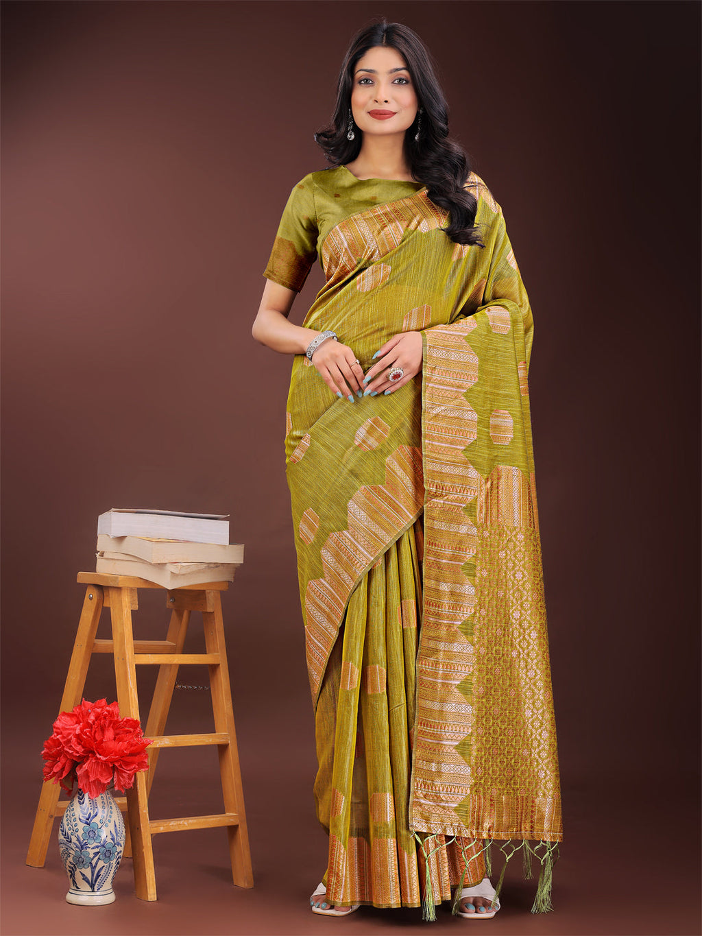 Shree Shyam Fashion Mustard Linen Cotton Saree with Woven Geometric Zari Motifs - Elegant Festive Wear for Women