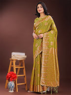 Shree Shyam Fashion Mustard Linen Cotton Saree with Woven Geometric Zari Motifs - Elegant Festive Wear for Women