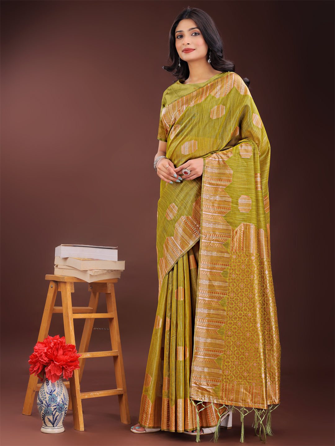 Shree Shyam Fashion Mustard Linen Cotton Saree with Woven Geometric Zari Motifs - Elegant Festive Wear for Women