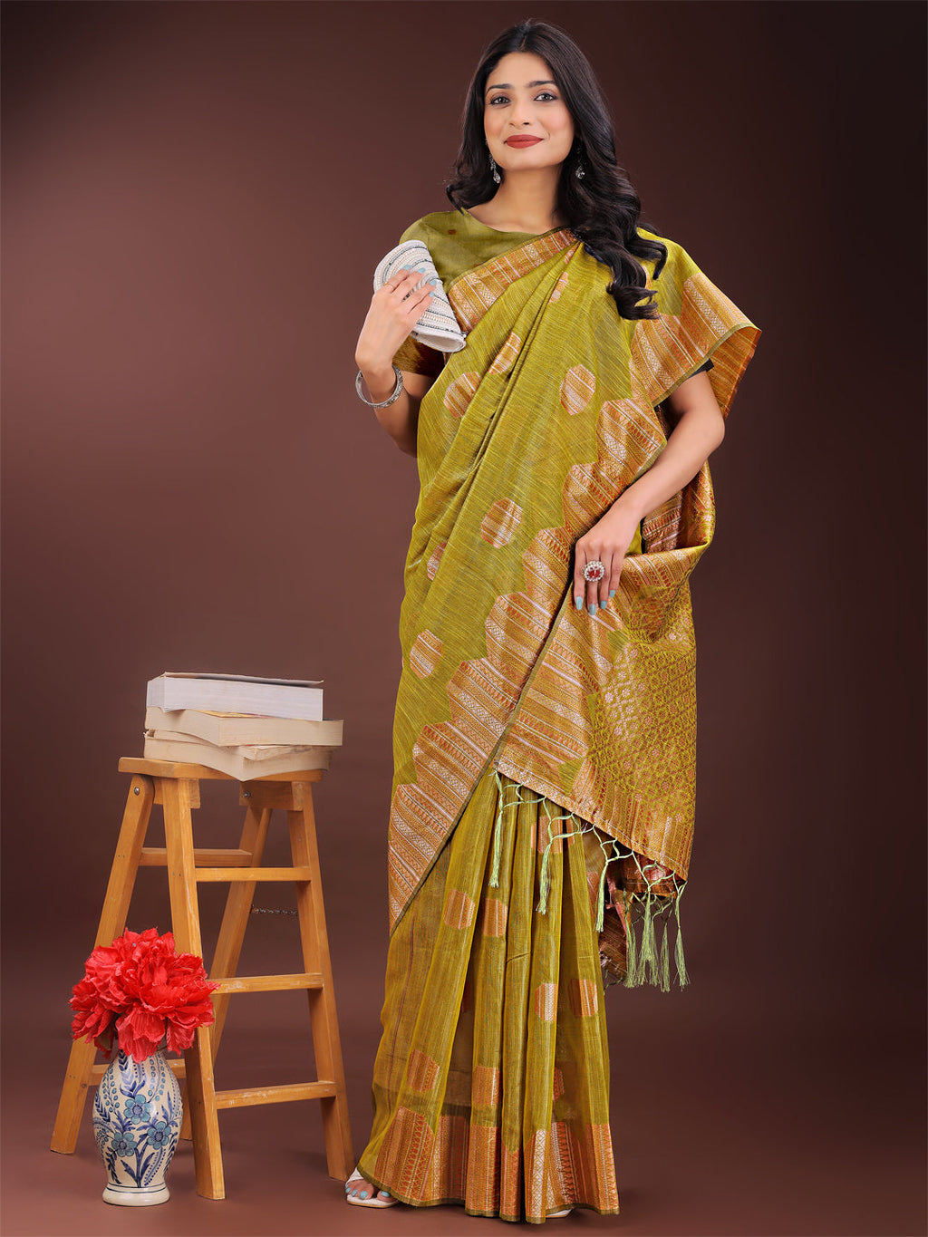 Shree Shyam Fashion Mustard Linen Cotton Saree with Woven Geometric Zari Motifs - Elegant Festive Wear for Women
