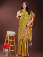 Shree Shyam Fashion Mustard Linen Cotton Saree with Woven Geometric Zari Motifs - Elegant Festive Wear for Women