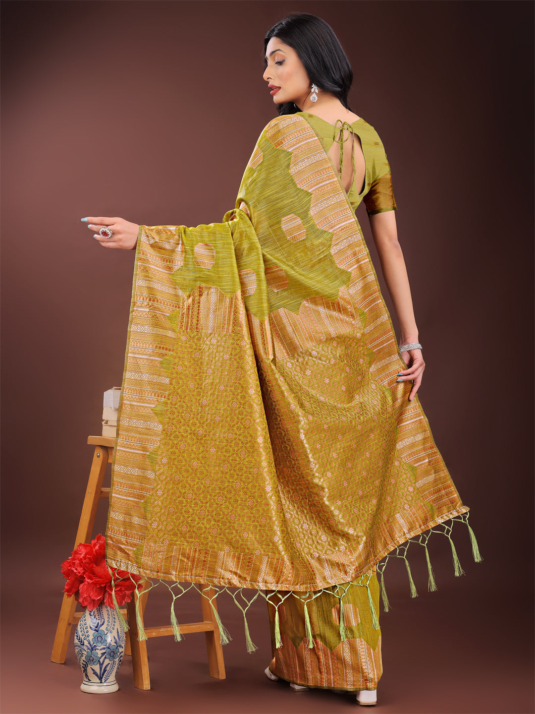Shree Shyam Fashion Mustard Linen Cotton Saree with Woven Geometric Zari Motifs - Elegant Festive Wear for Women