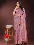 Shree Shyam Fashion Purple Linen Cotton Saree with Woven Geometric Zari Motifs - Elegant Festive Wear for Women