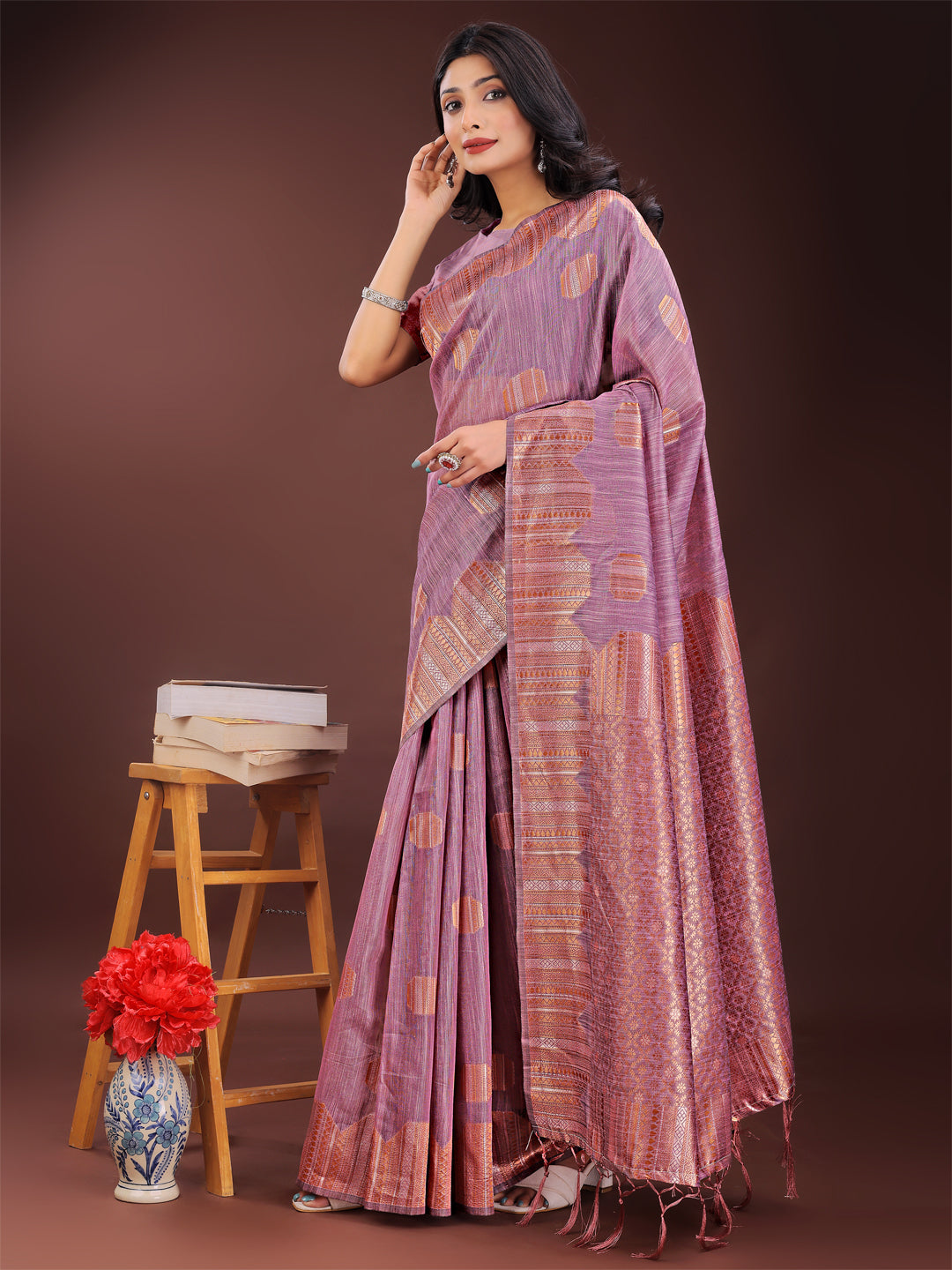 Shree Shyam Fashion Purple Linen Cotton Saree with Woven Geometric Zari Motifs - Elegant Festive Wear for Women