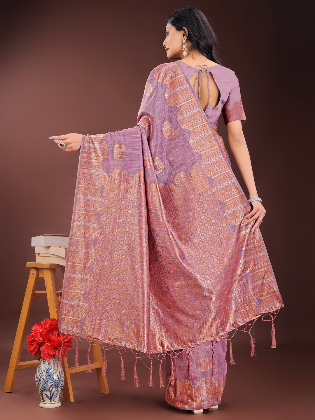 Shree Shyam Fashion Purple Linen Cotton Saree with Woven Geometric Zari Motifs - Elegant Festive Wear for Women