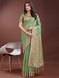 Shree Shyam Fashion Light Green Linen Cotton Saree with Woven Geometric Zari Motifs - Elegant Festive Wear for Women