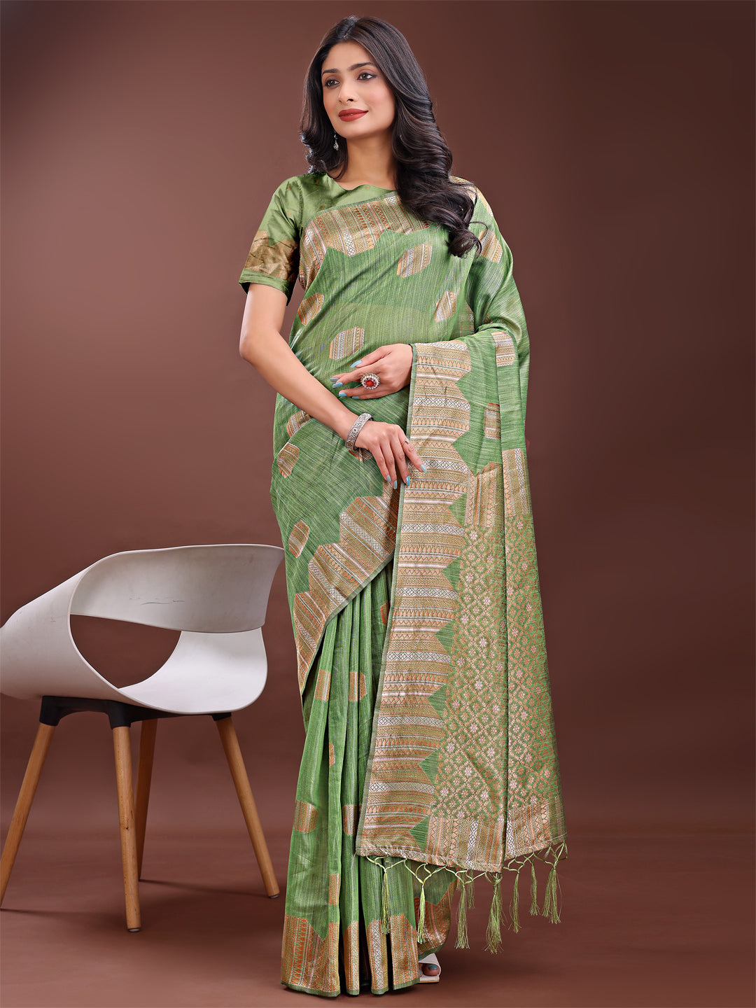 Shree Shyam Fashion Light Green Linen Cotton Saree with Woven Geometric Zari Motifs - Elegant Festive Wear for Women