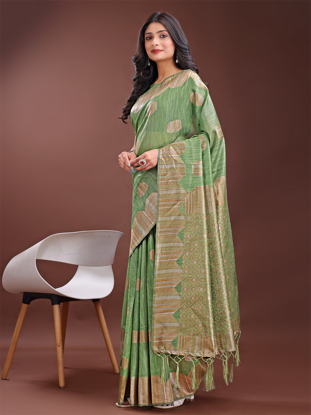 Shree Shyam Fashion Light Green Linen Cotton Saree with Woven Geometric Zari Motifs - Elegant Festive Wear for Women