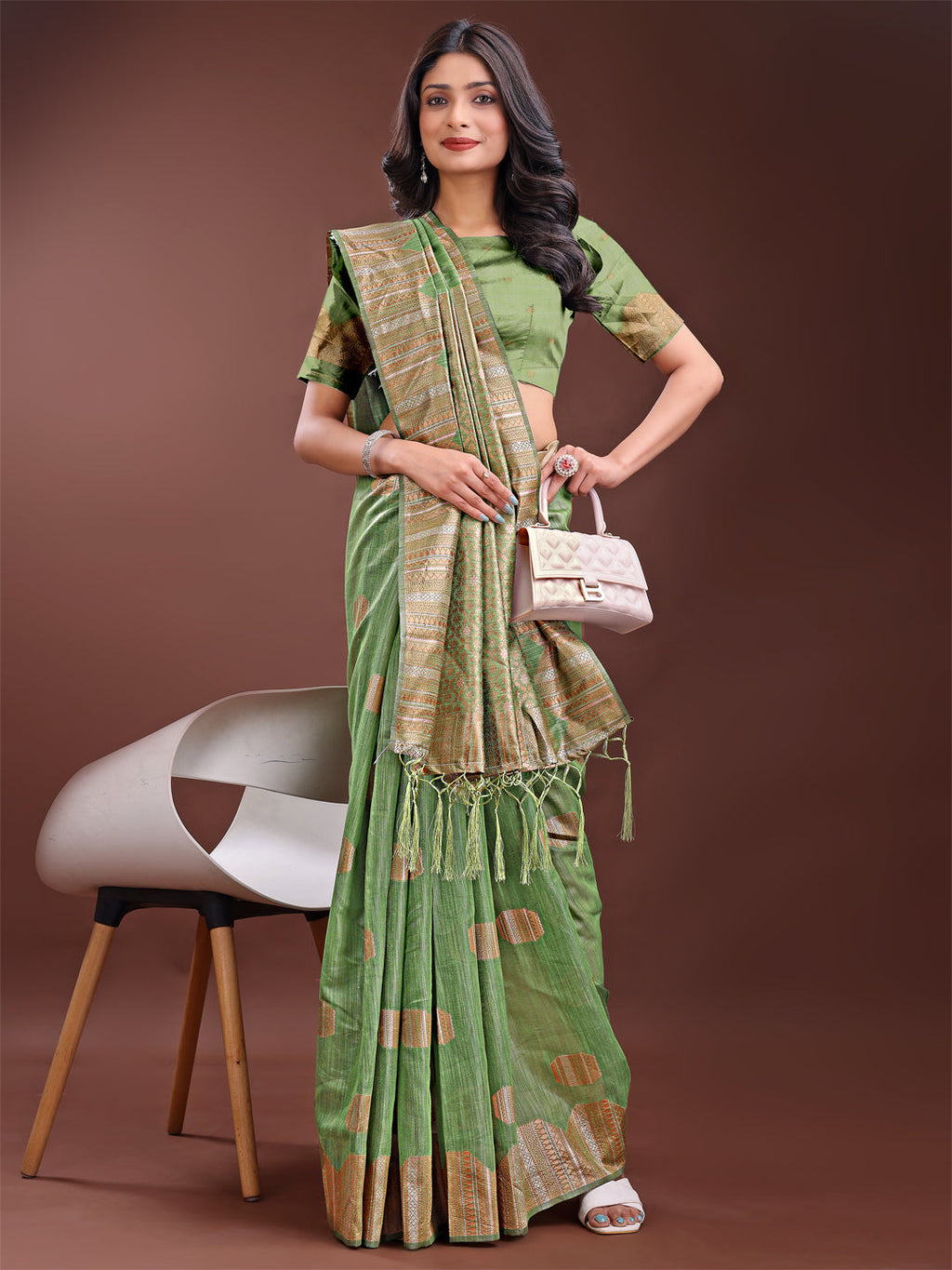 Shree Shyam Fashion Light Green Linen Cotton Saree with Woven Geometric Zari Motifs - Elegant Festive Wear for Women
