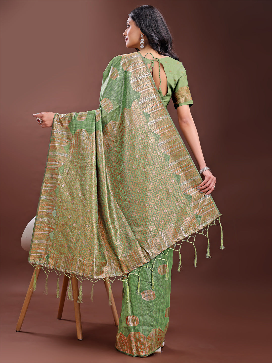 Shree Shyam Fashion Light Green Linen Cotton Saree with Woven Geometric Zari Motifs - Elegant Festive Wear for Women