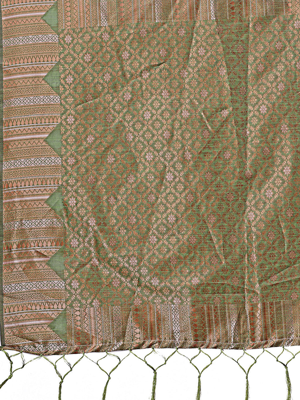 Shree Shyam Fashion Light Green Linen Cotton Saree with Woven Geometric Zari Motifs - Elegant Festive Wear for Women