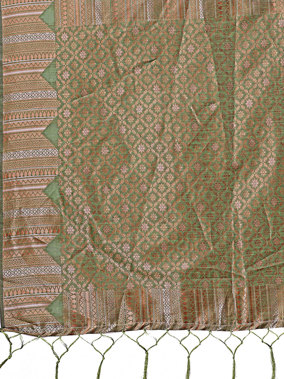 Shree Shyam Fashion Light Green Linen Cotton Saree with Woven Geometric Zari Motifs - Elegant Festive Wear for Women
