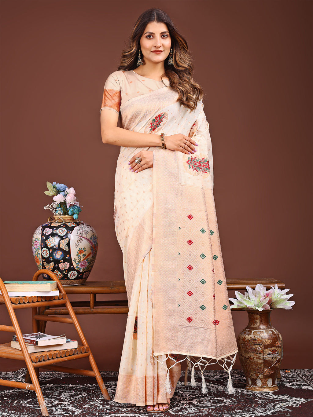Shree Shyam Fashion Elegant Cream Woven Work Saree - A Whiff of Tradition Wrapped in Grace
