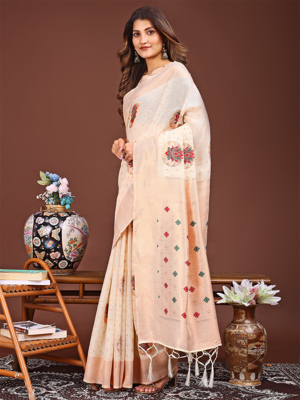 Shree Shyam Fashion Elegant Cream Woven Work Saree - A Whiff of Tradition Wrapped in Grace