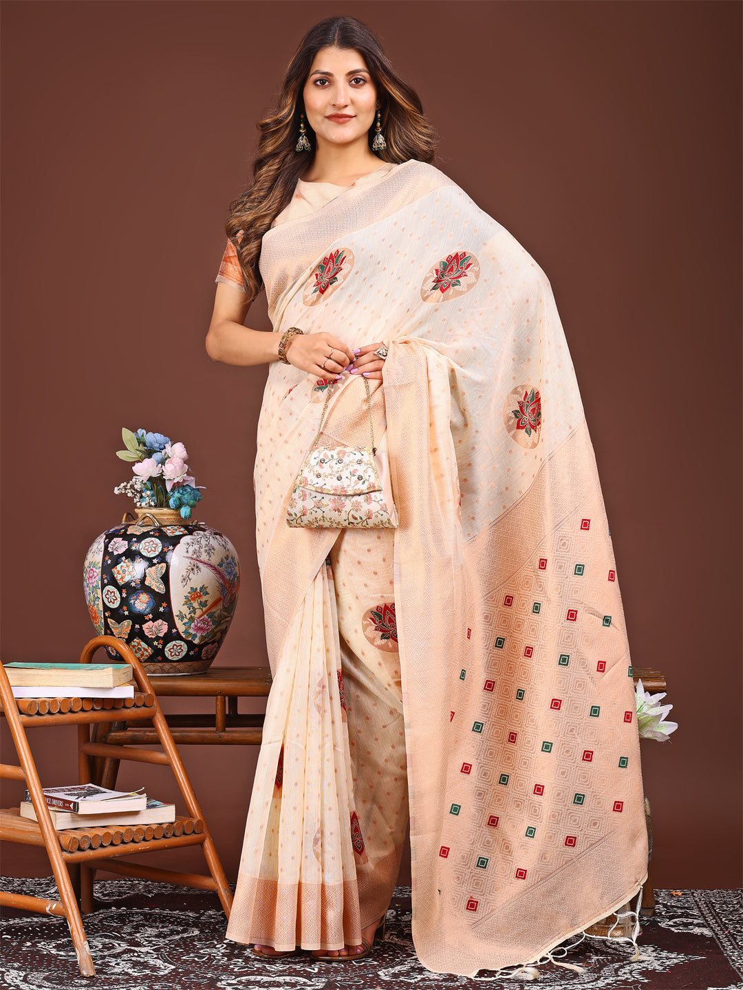 Shree Shyam Fashion Elegant Cream Woven Work Saree - A Whiff of Tradition Wrapped in Grace
