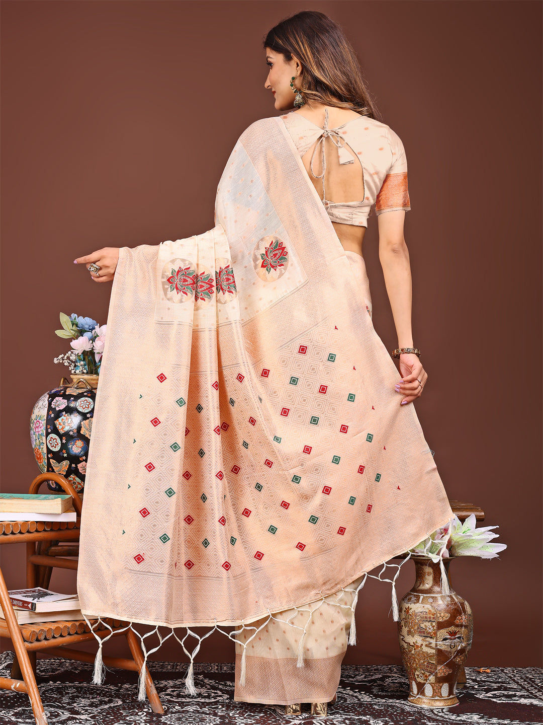 Shree Shyam Fashion Elegant Cream Woven Work Saree - A Whiff of Tradition Wrapped in Grace