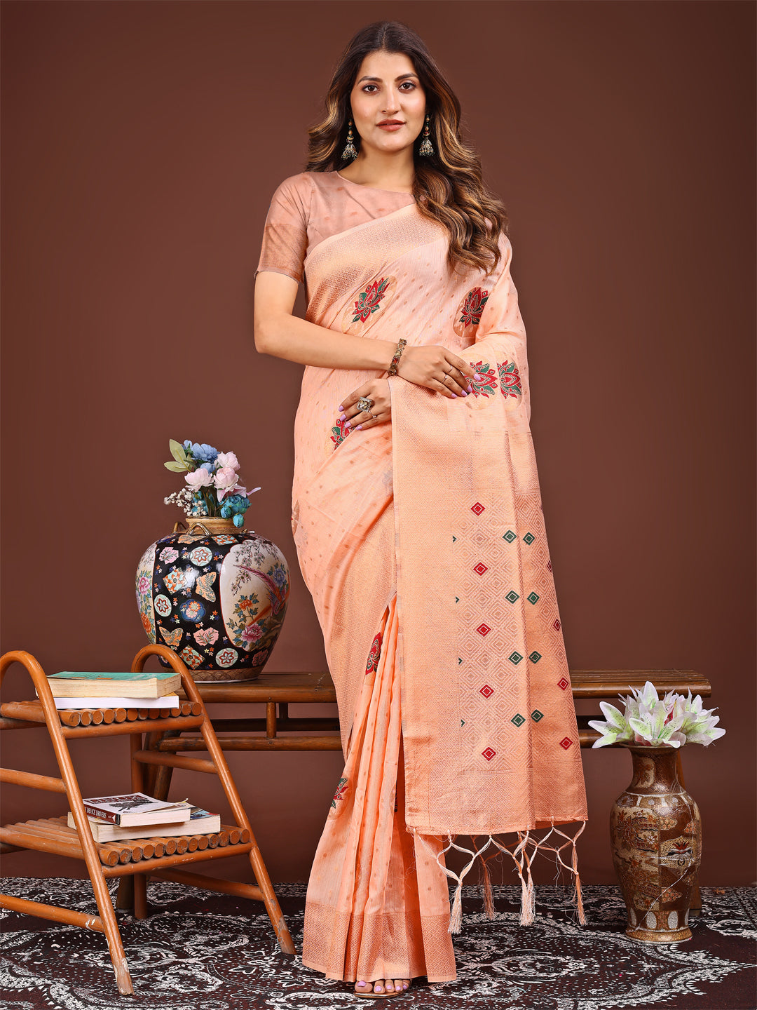 Shree Shyam Fashion Elegant Peach Woven Work Saree - A Whiff of Tradition Wrapped in Grace