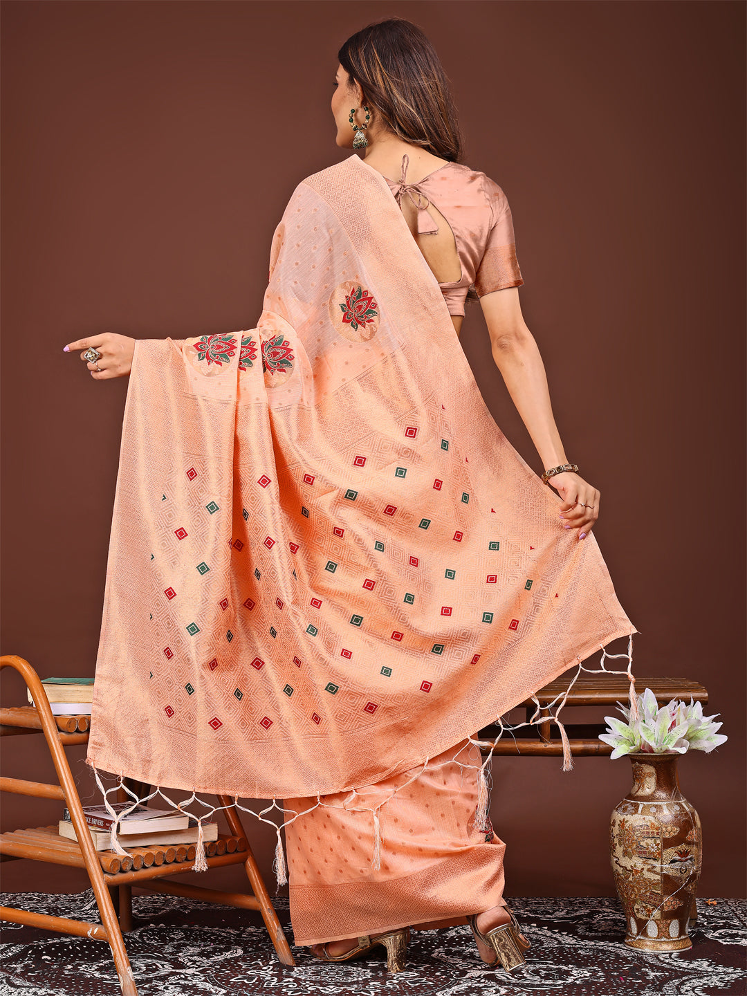 Shree Shyam Fashion Elegant Peach Woven Work Saree - A Whiff of Tradition Wrapped in Grace