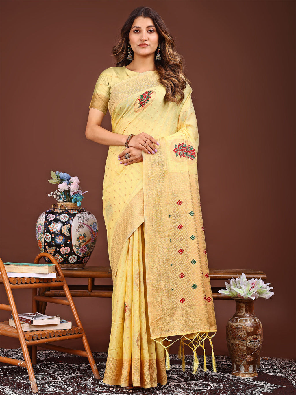 Shree Shyam Fashion Elegant Yellow Woven Work Saree - A Whiff of Tradition Wrapped in Grace