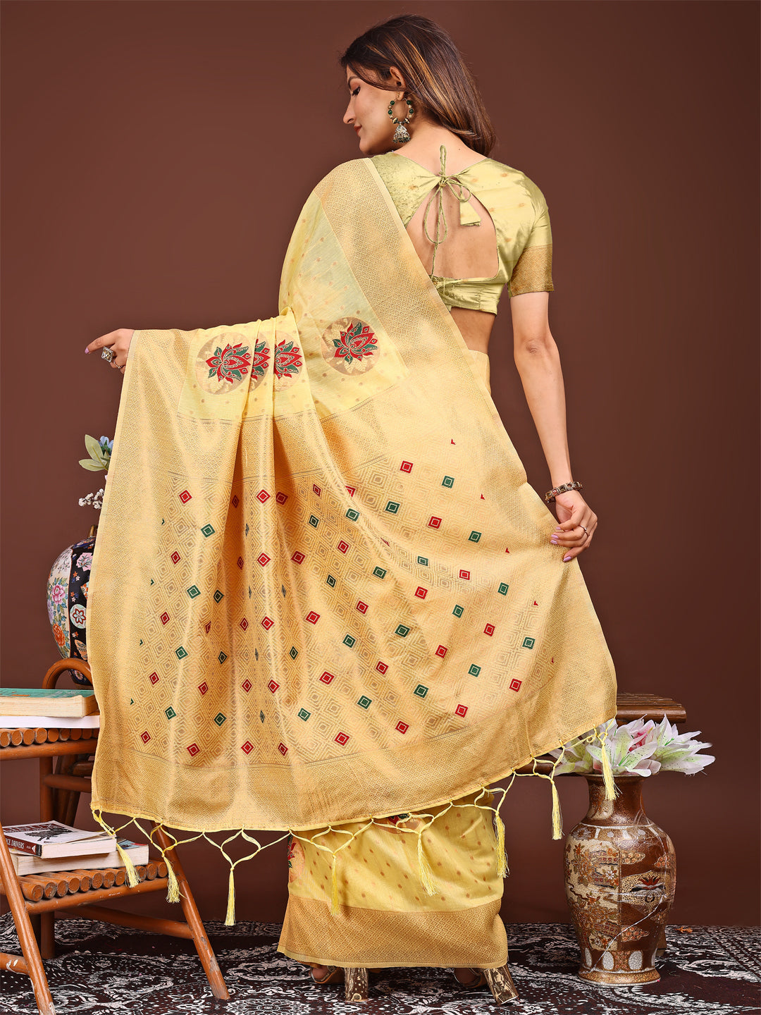 Shree Shyam Fashion Elegant Yellow Woven Work Saree - A Whiff of Tradition Wrapped in Grace