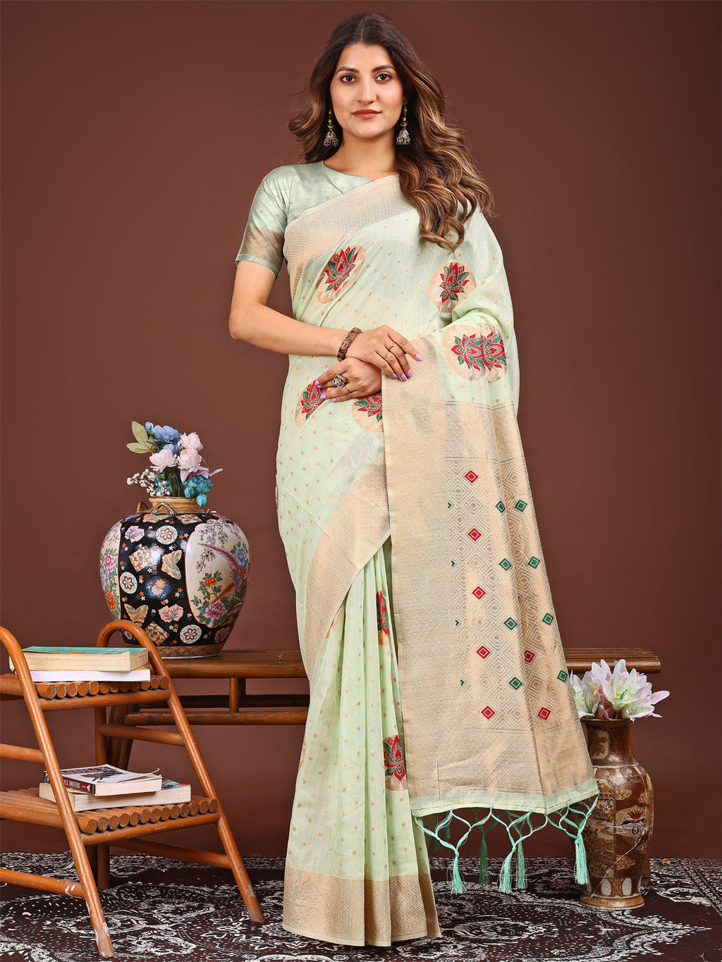 Shree Shyam Fashion Elegant Light Green Woven Work Saree - A Whiff of Tradition Wrapped in Grace