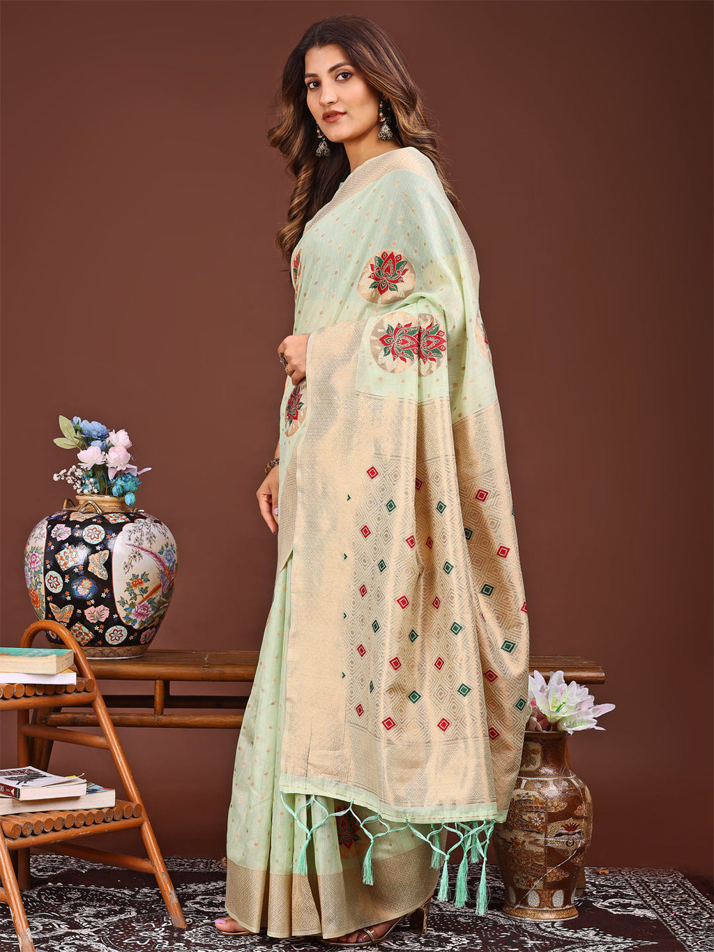Shree Shyam Fashion Elegant Light Green Woven Work Saree - A Whiff of Tradition Wrapped in Grace
