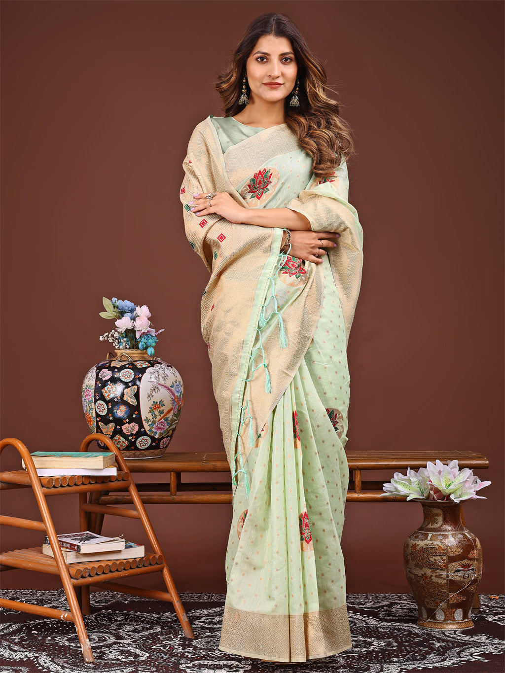 Shree Shyam Fashion Elegant Light Green Woven Work Saree - A Whiff of Tradition Wrapped in Grace
