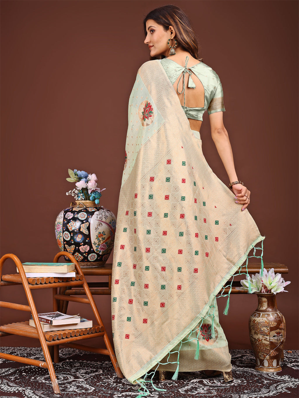 Shree Shyam Fashion Elegant Light Green Woven Work Saree - A Whiff of Tradition Wrapped in Grace