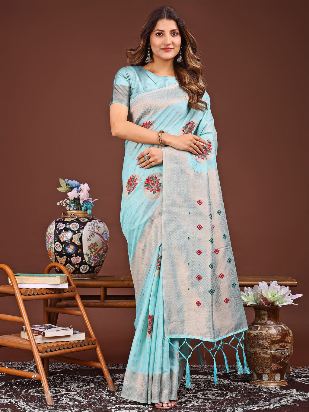 Shree Shyam Fashion Elegant Sky Blue Woven Work Saree - A Whiff of Tradition Wrapped in Grace