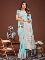 Shree Shyam Fashion Elegant Sky Blue Woven Work Saree - A Whiff of Tradition Wrapped in Grace
