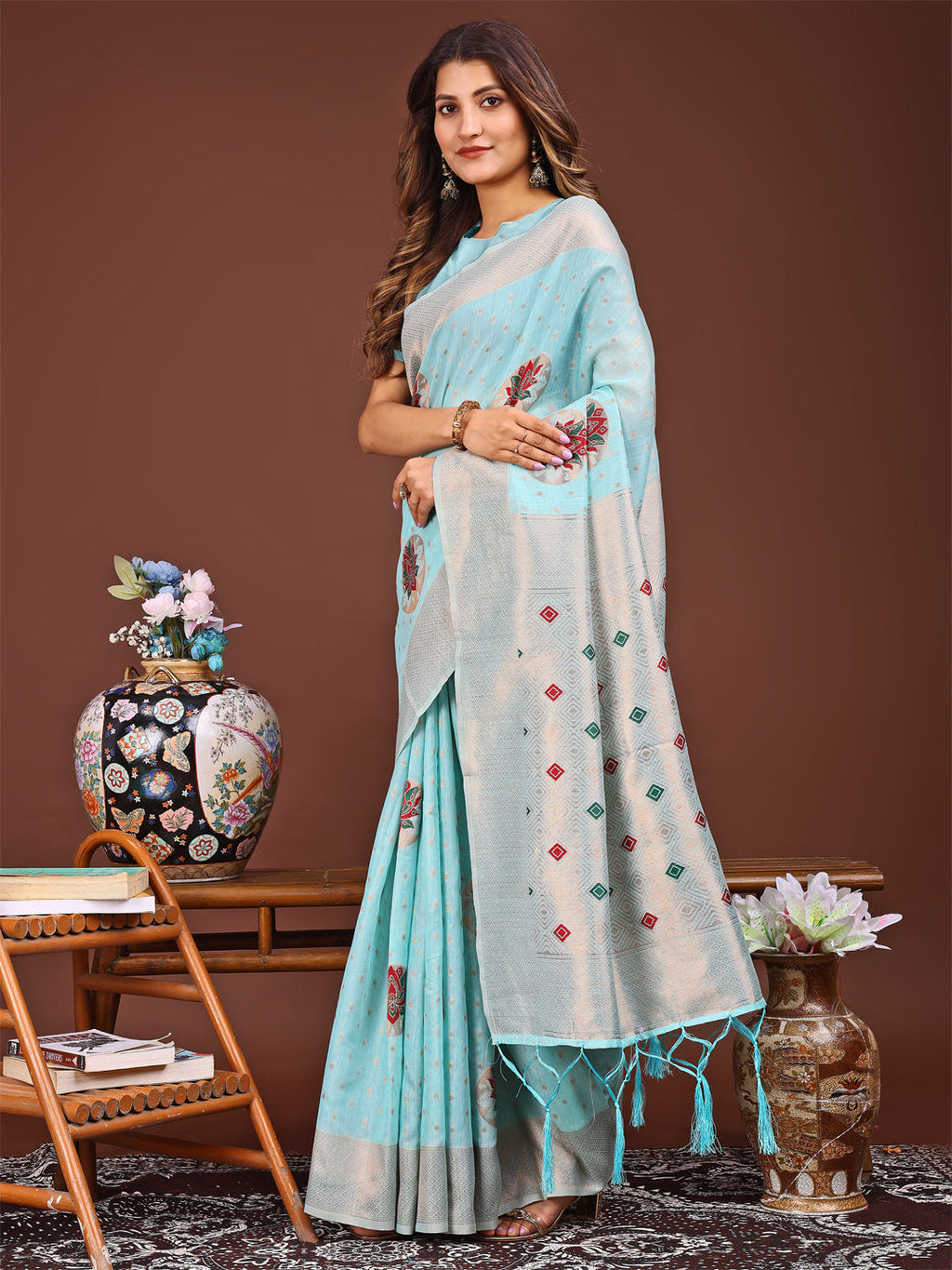 Shree Shyam Fashion Elegant Sky Blue Woven Work Saree - A Whiff of Tradition Wrapped in Grace
