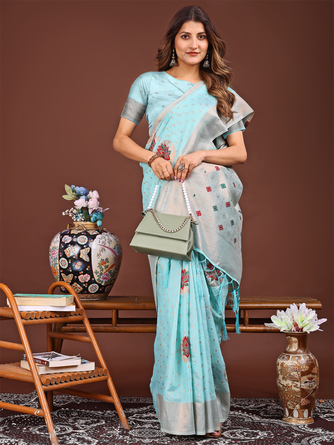 Shree Shyam Fashion Elegant Sky Blue Woven Work Saree - A Whiff of Tradition Wrapped in Grace