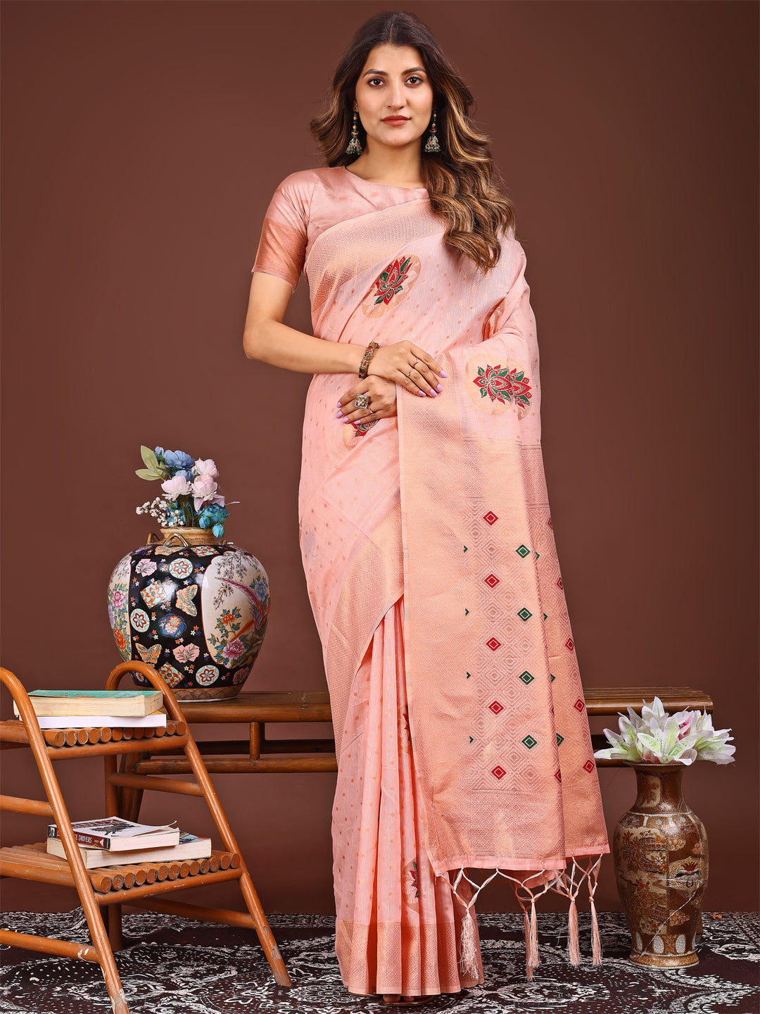 Shree Shyam Fashion Elegant Pink Woven Work Saree - A Whiff of Tradition Wrapped in Grace
