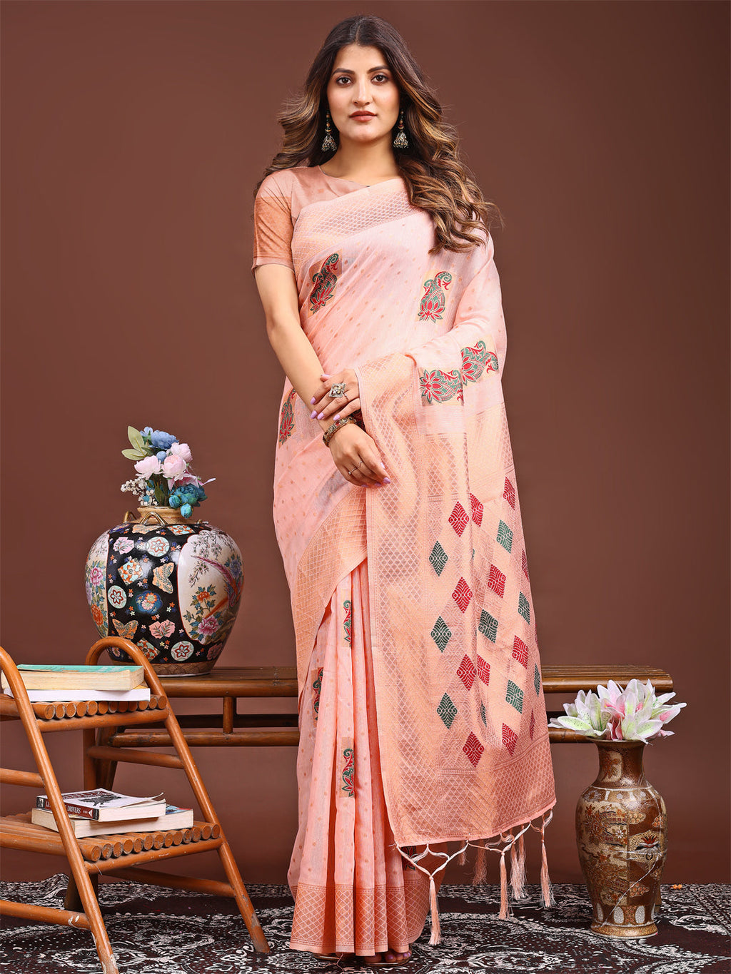 Shree Shyam Fashion Peach Jacquard Saree with Tassels - Radiate Soft Elegance and Timeless Beauty