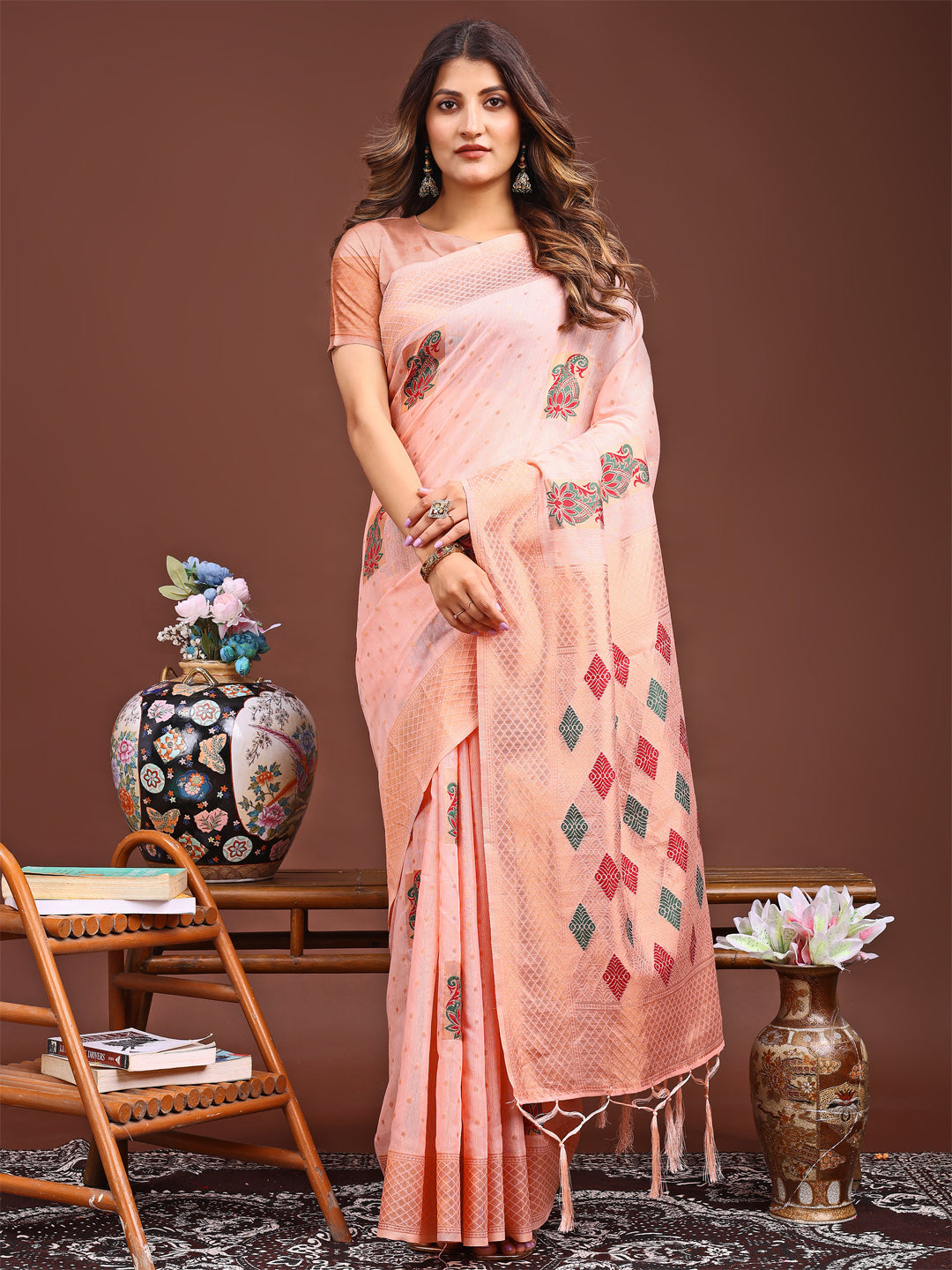 Shree Shyam Fashion Peach Jacquard Saree with Tassels - Radiate Soft Elegance and Timeless Beauty