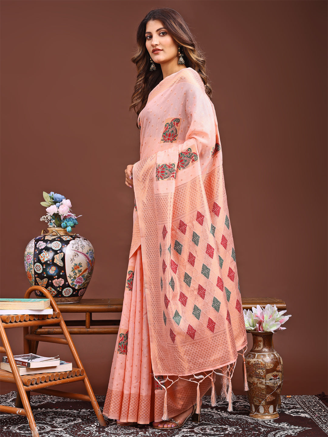 Shree Shyam Fashion Peach Jacquard Saree with Tassels - Radiate Soft Elegance and Timeless Beauty