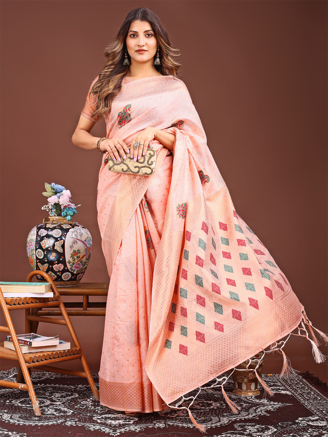 Shree Shyam Fashion Peach Jacquard Saree with Tassels - Radiate Soft Elegance and Timeless Beauty